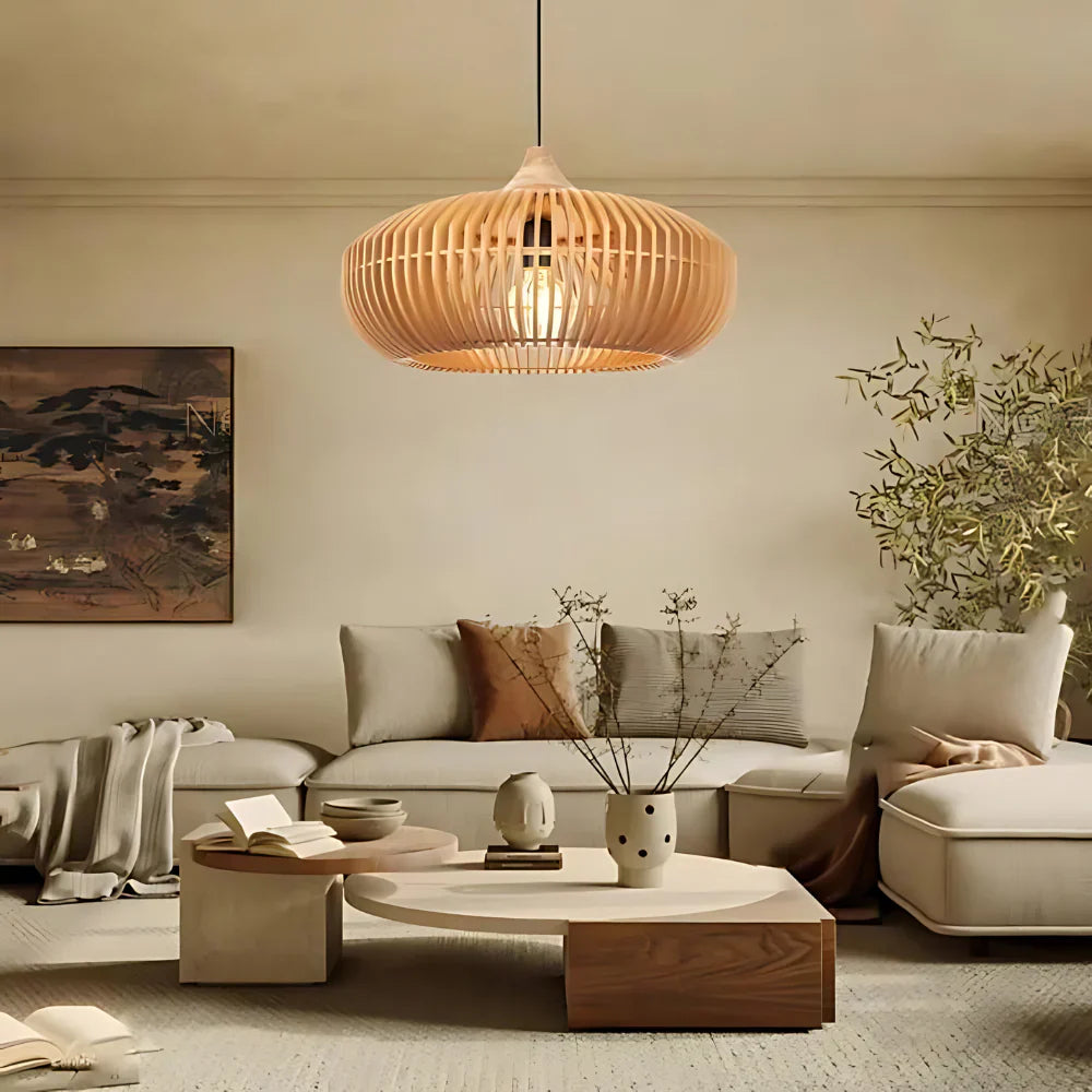 Casa Lumière Japandi Houten Hanglamp - Open Lamellen met Sfeervol Licht
