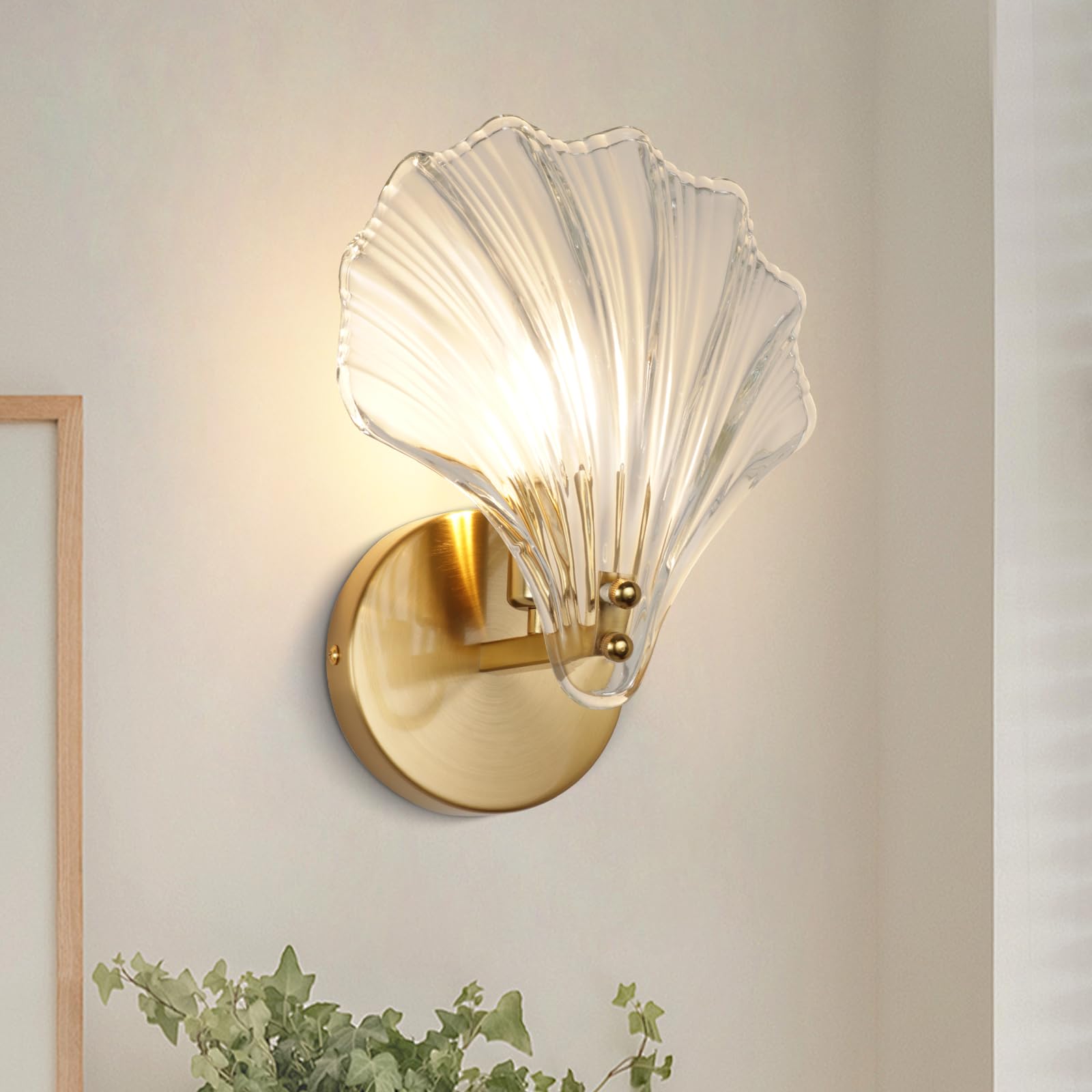 Casa Lumière Art Brass Wandlamp Glazen Schelp – Elegante Sfeerverlichting Badkamer, Hal & Slaapkamer