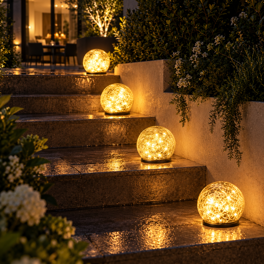 Casa Lumière Solar Glazen Bol Tuinlamp - Craquelé Glas