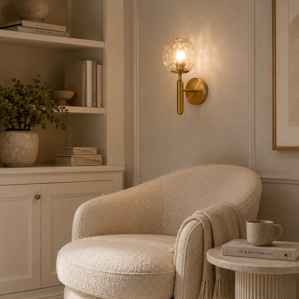 Casa Lumière Glazen Wandlamp - Ronde Bol & Metalen Arm