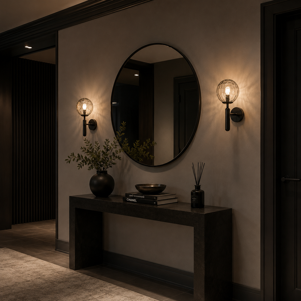 Casa Lumière Glazen Wandlamp - Ronde Bol & Metalen Arm