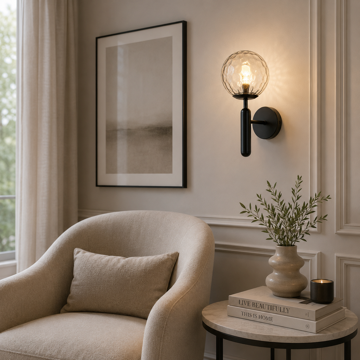 Casa Lumière Glazen Wandlamp - Ronde Bol & Metalen Arm