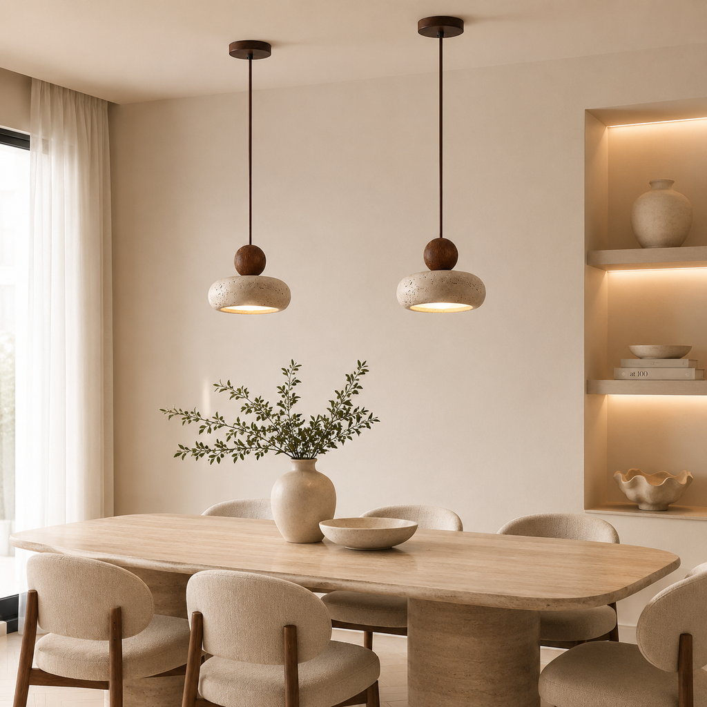 Casa Lumière Hanglamp van Travertine & Houten Accenten - Design Plafondverlichting