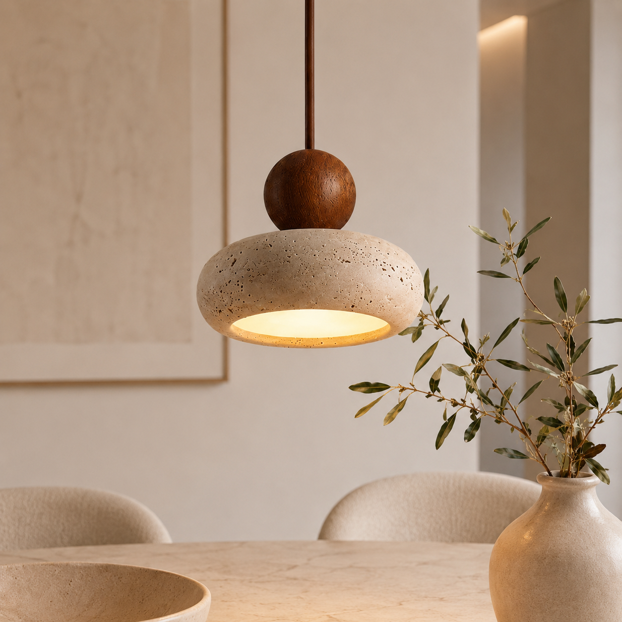 Casa Lumière Hanglamp van Travertine & Houten Accenten - Design Plafondverlichting