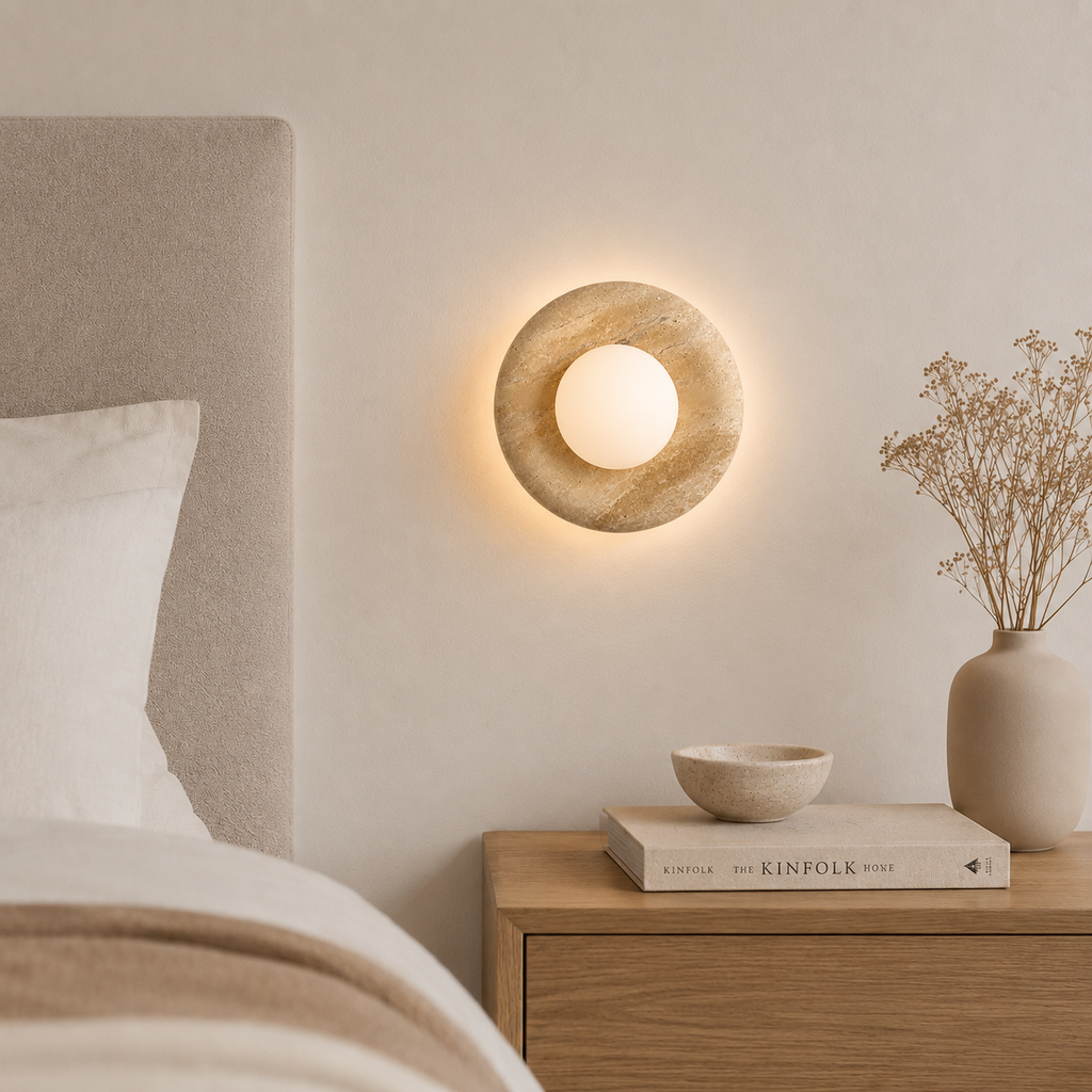 Casa Lumière Ronde Orbit Wandlamp - Travertine met Matglas