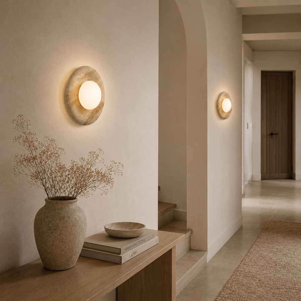 Casa Lumière Ronde Orbit Wandlamp - Travertine met Matglas