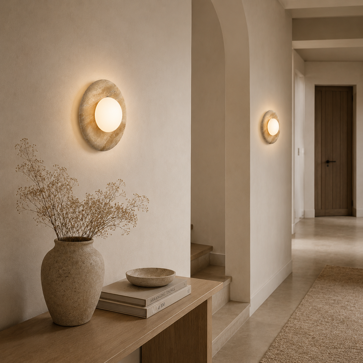 Casa Lumière Ronde Orbit Wandlamp - Travertine met Matglas