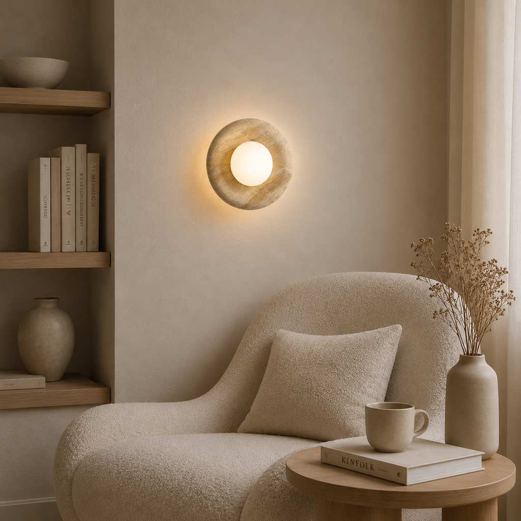 Casa Lumière Ronde Orbit Wandlamp - Travertine met Matglas