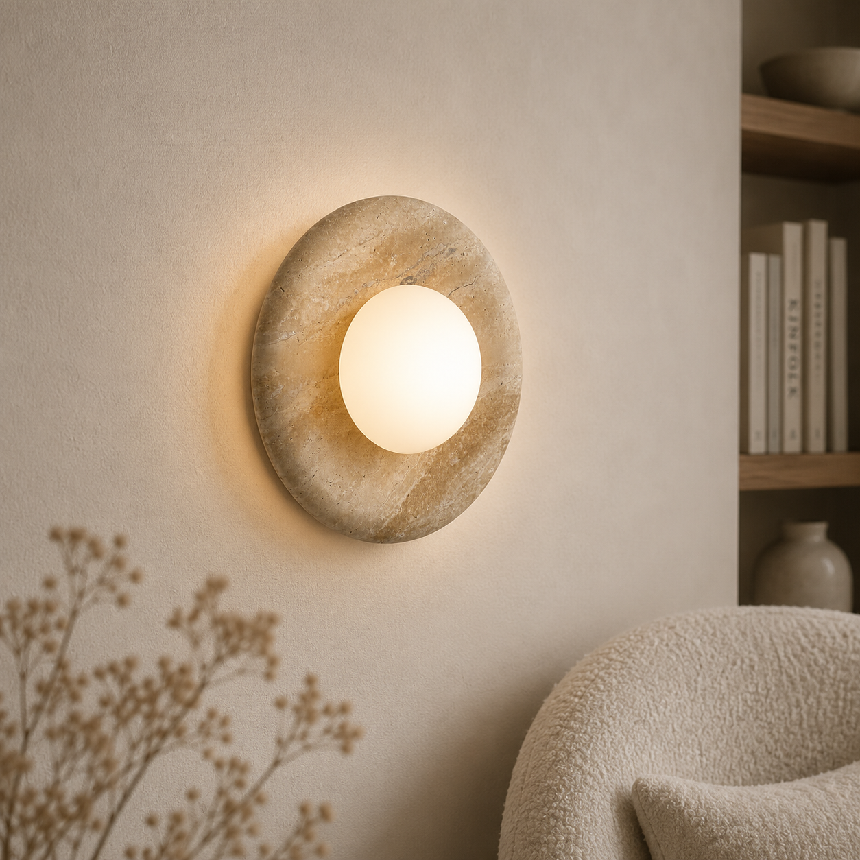 Casa Lumière Ronde Orbit Wandlamp - Travertine met Matglas