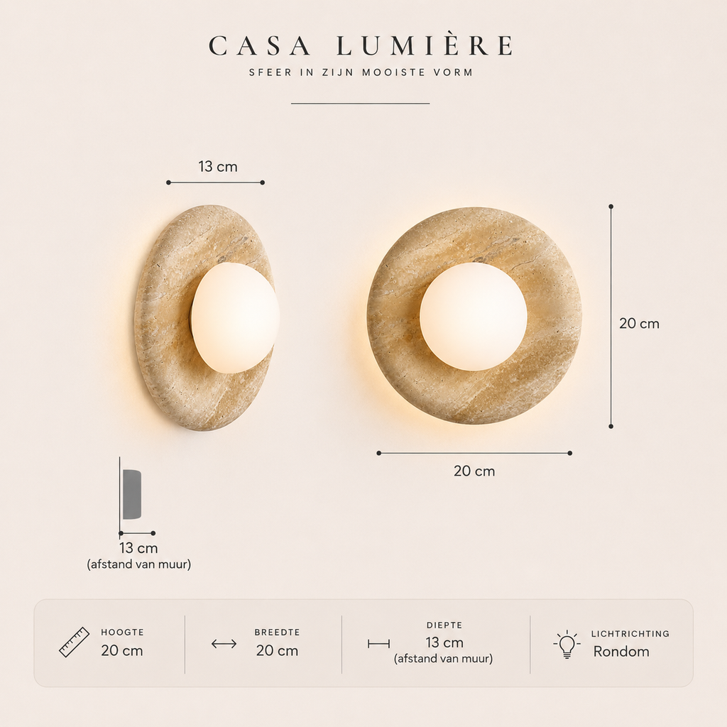 Casa Lumière Ronde Orbit Wandlamp - Travertine met Matglas