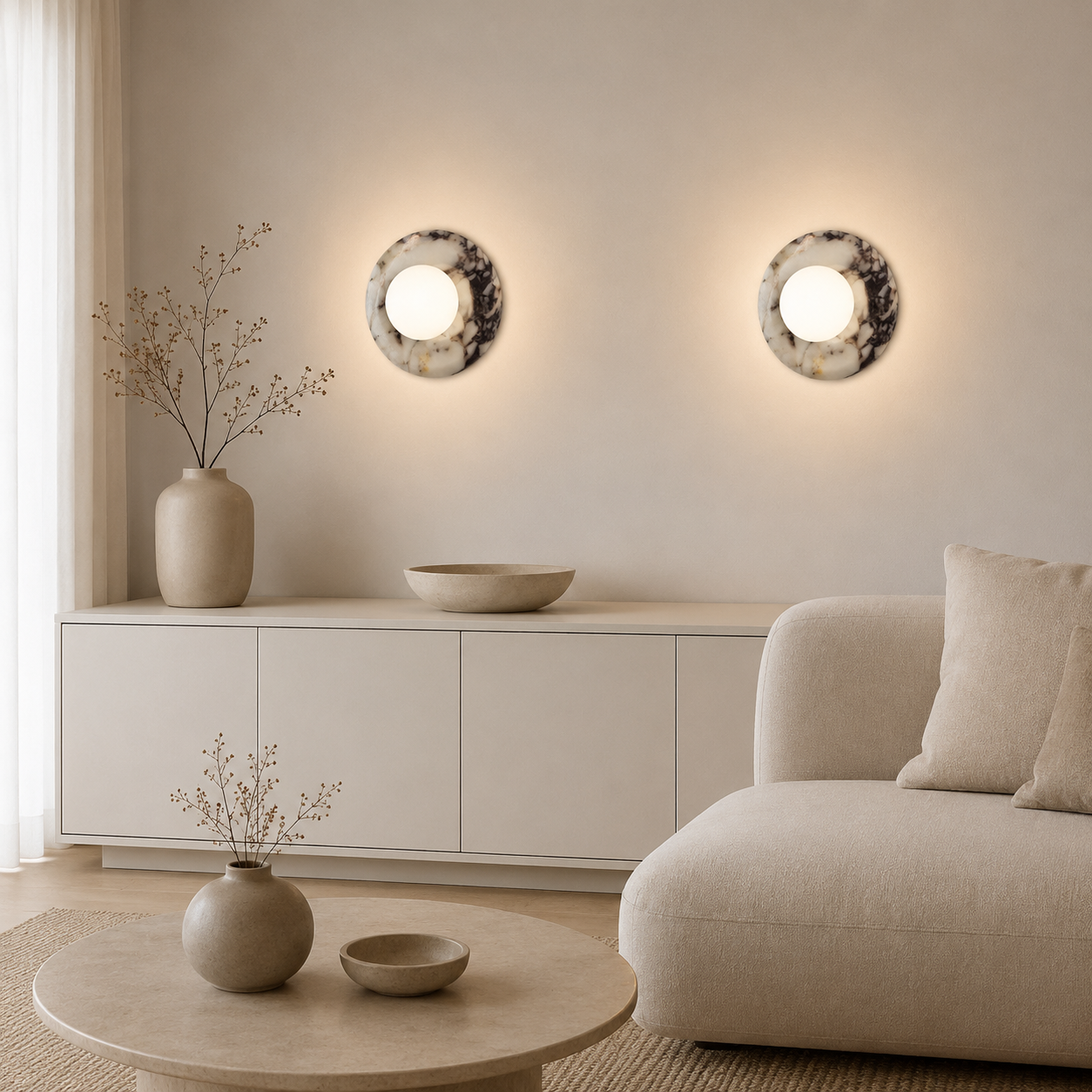 Casa Lumière Marmeren Ronde Wandlamp - Natuursteen met Matglas Design Lamp