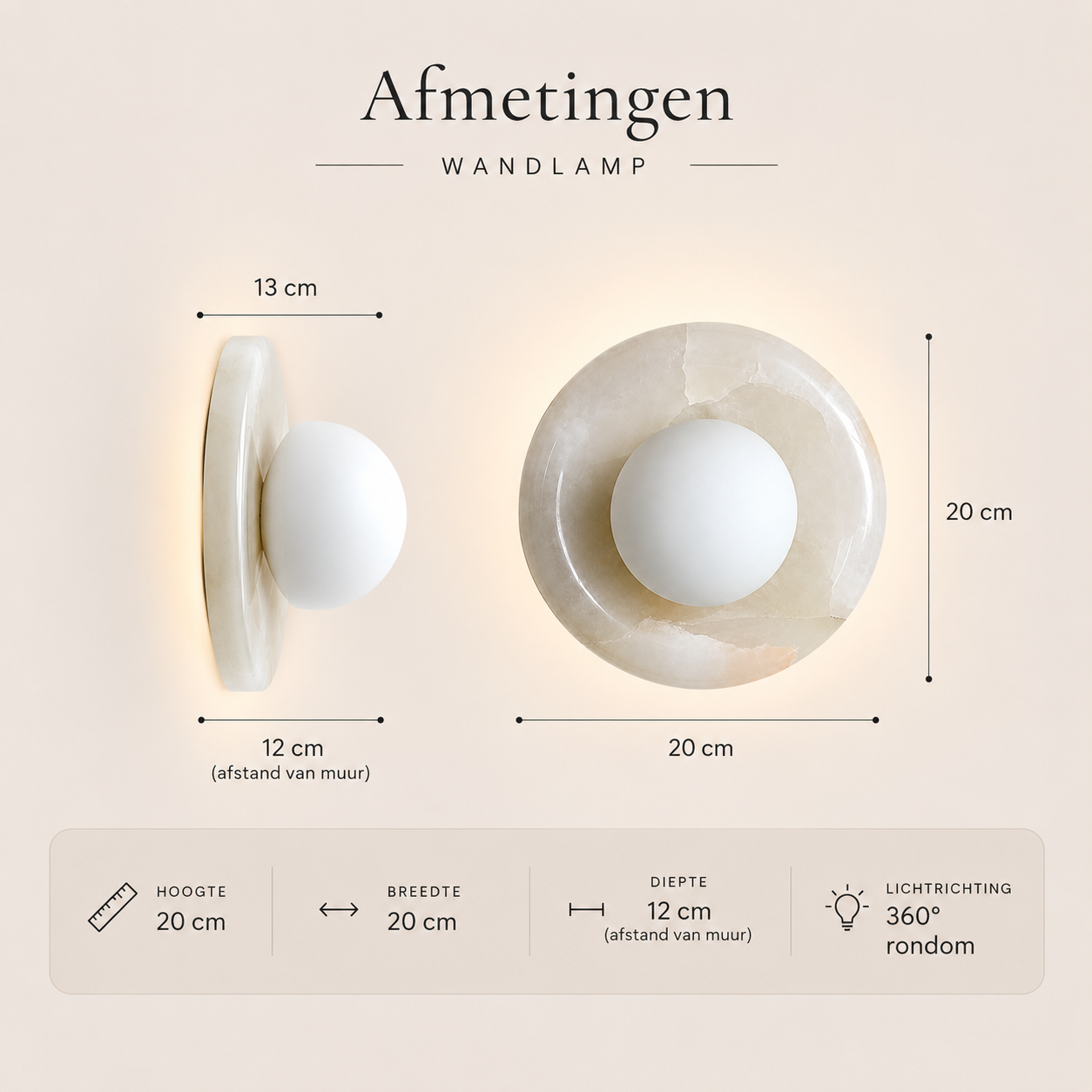 Casa Lumière Marmeren Ronde Wandlamp - Natuursteen met Matglas Design Lamp