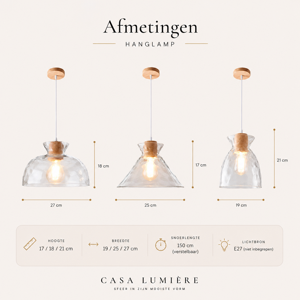 Casa Lumière Glazen Hanglamp - Houten Accent & Zacht Sfeervol Licht