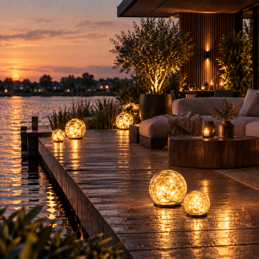 Casa Lumière Solar Glazen Bol Tuinlamp - Craquelé Glas
