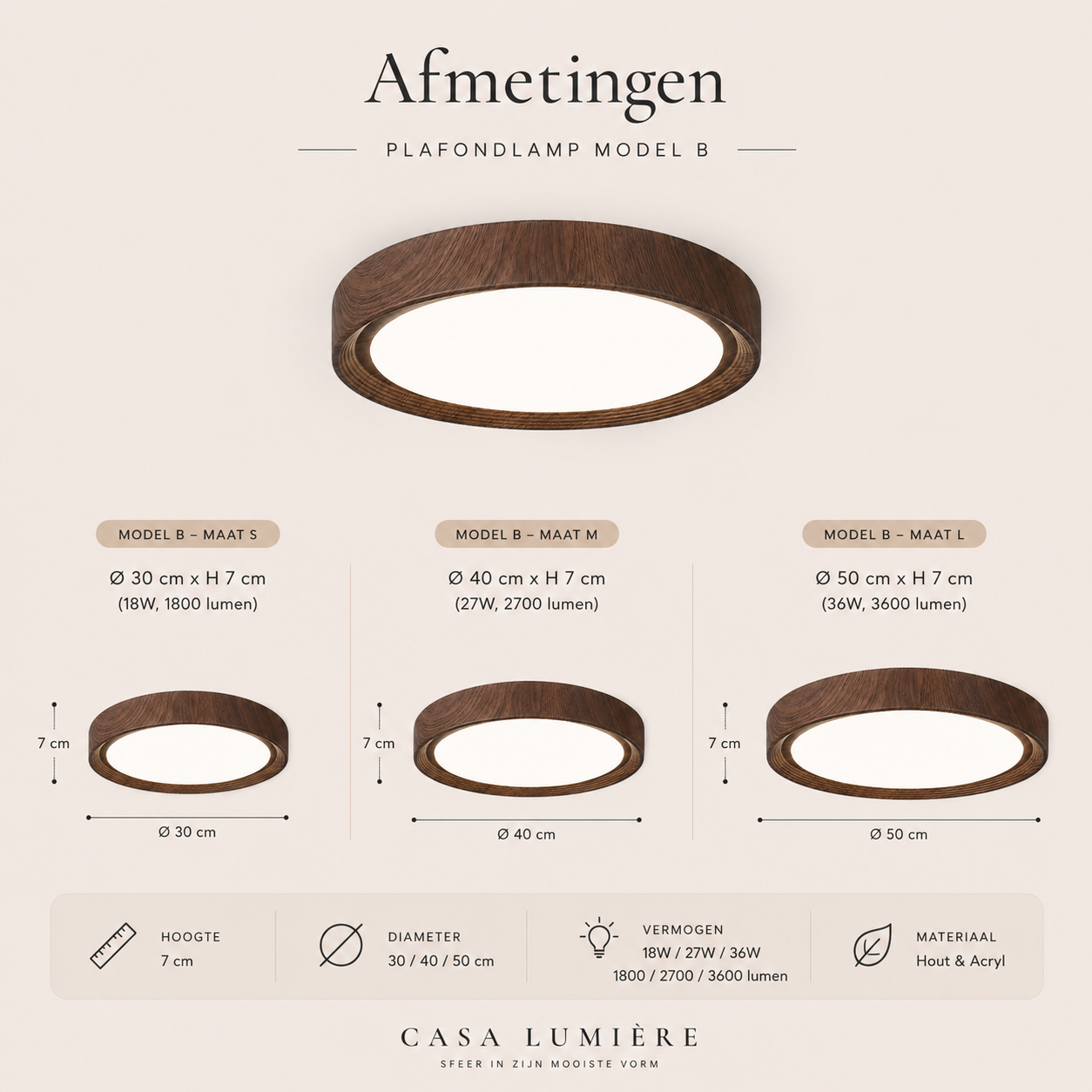 Casa Lumière Ronde Walnoot & Acryl Plafondlamp - Design Lamp Sfeerverlichting