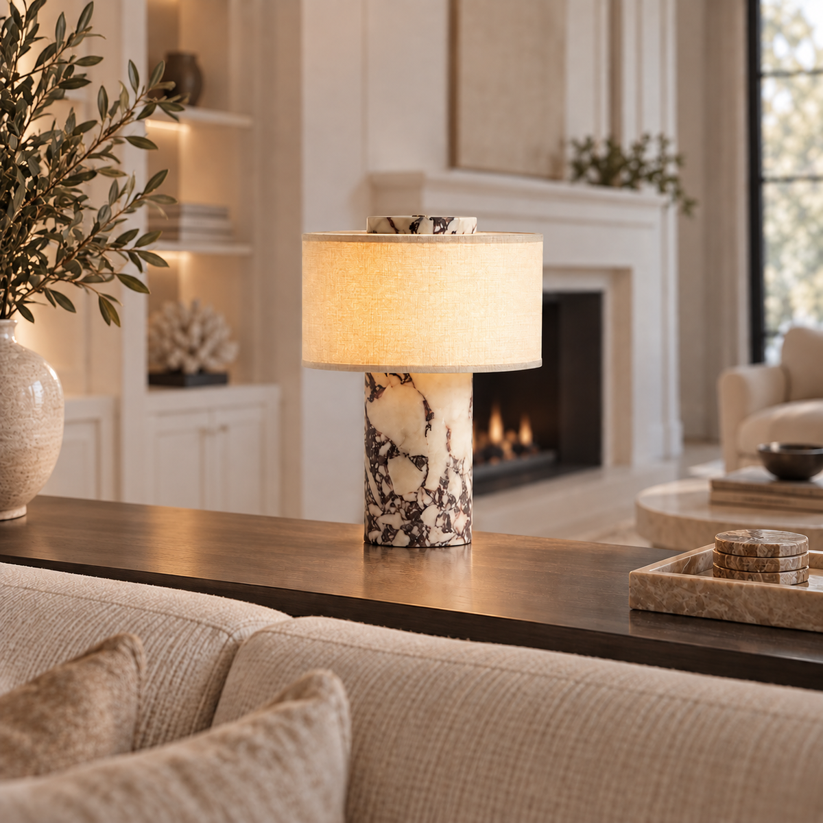 Casa Lumière Marmeren Tafellamp - Linnen Kap & Touch Dimmer