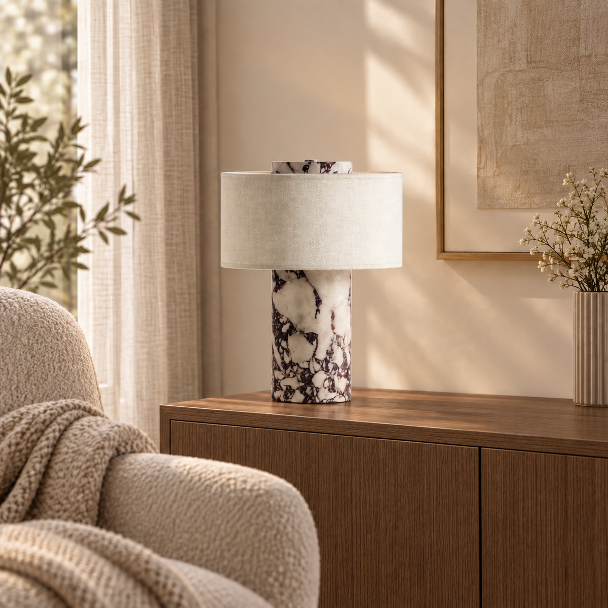 Casa Lumière Marmeren Tafellamp - Linnen Kap & Touch Dimmer