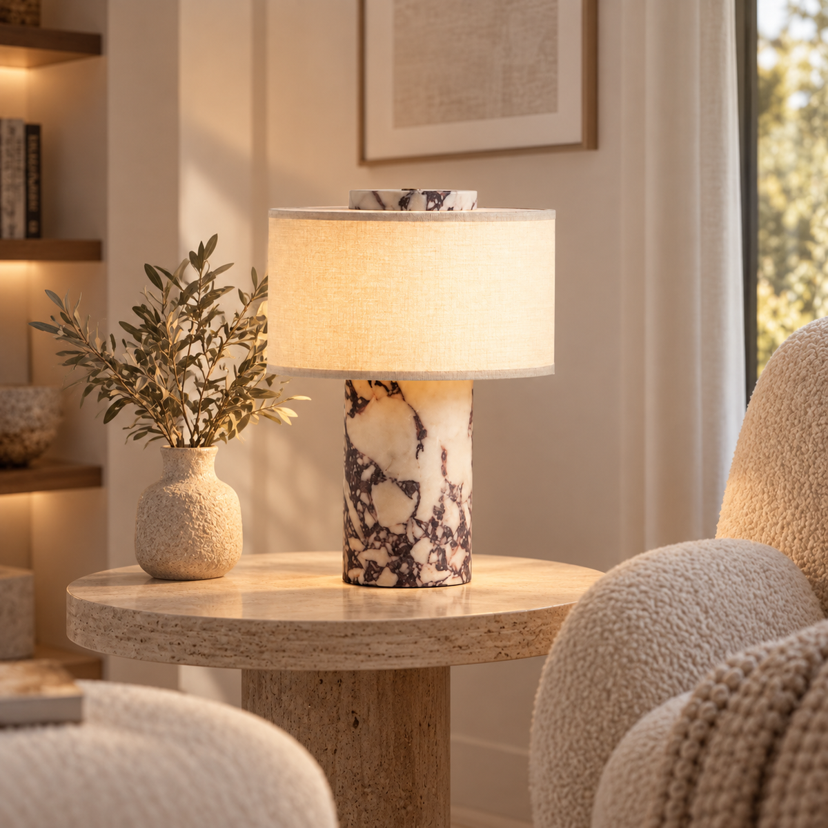 Casa Lumière Marmeren Tafellamp - Linnen Kap & Touch Dimmer