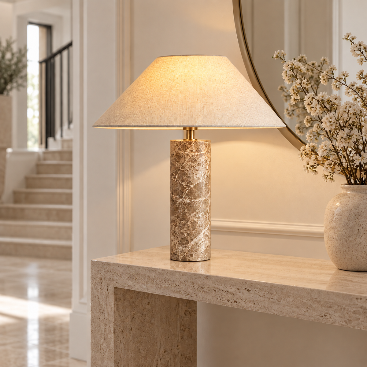 Casa Lumière Marmeren Tafellamp - Witte Stoffen Kap met E27 LED
