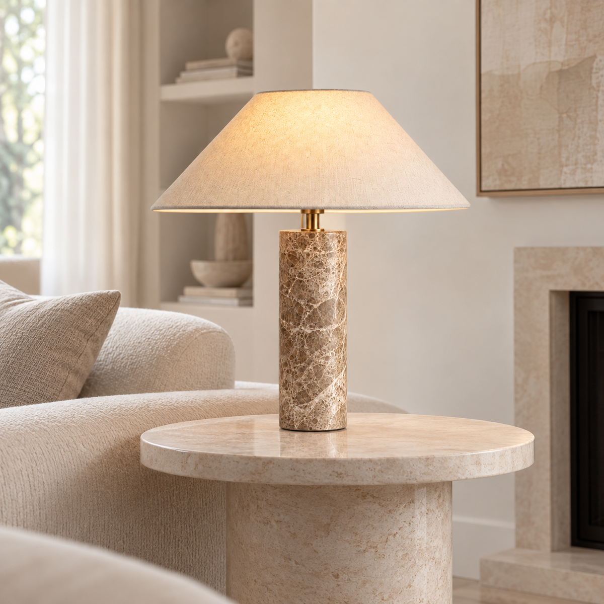 Casa Lumière Marmeren Tafellamp - Witte Stoffen Kap met E27 LED