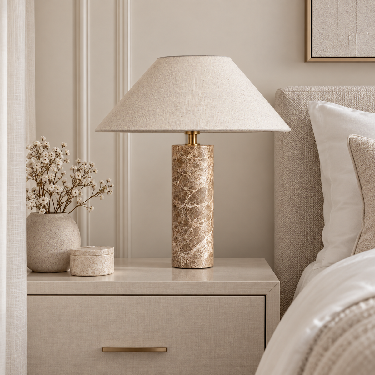 Casa Lumière Marmeren Tafellamp - Witte Stoffen Kap met E27 LED