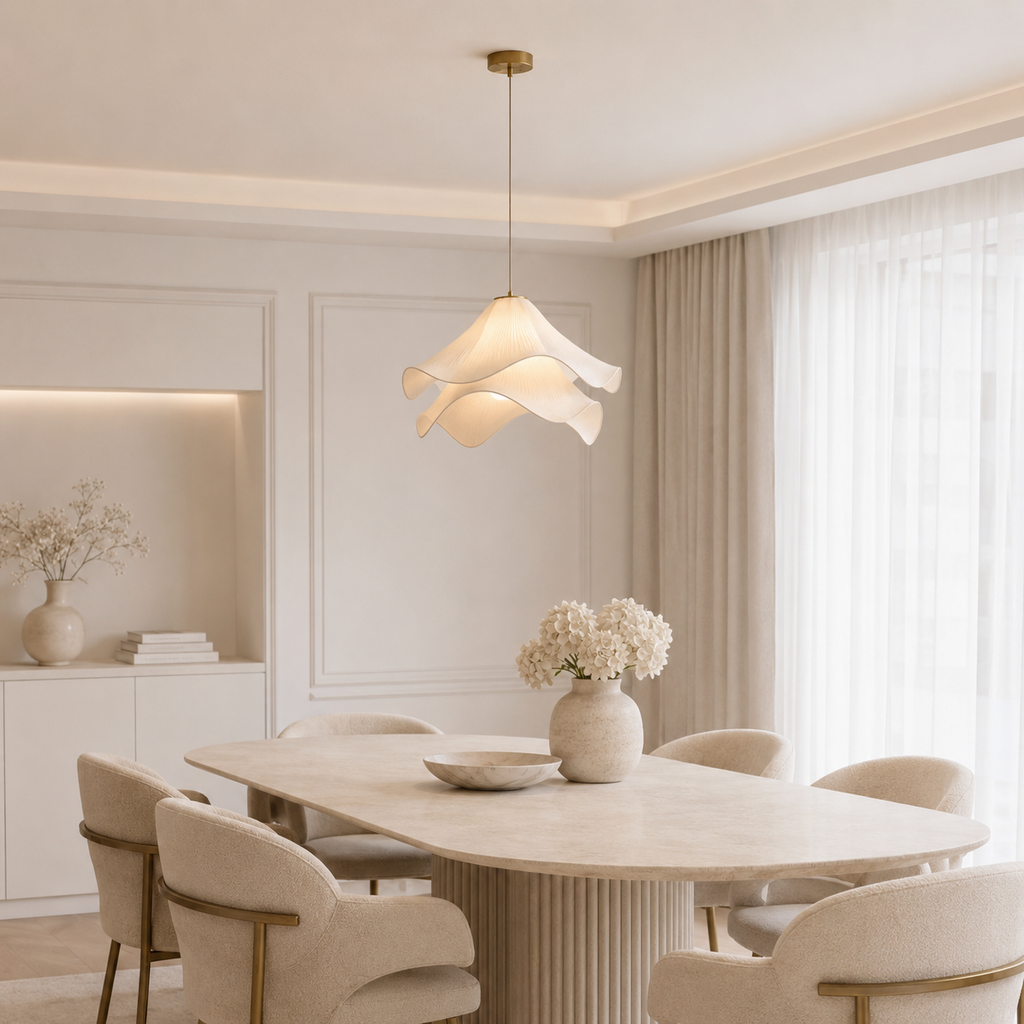 Casa Lumière Japandi Stof Hanglamp - Design Lamp met Golvende Lampenkap