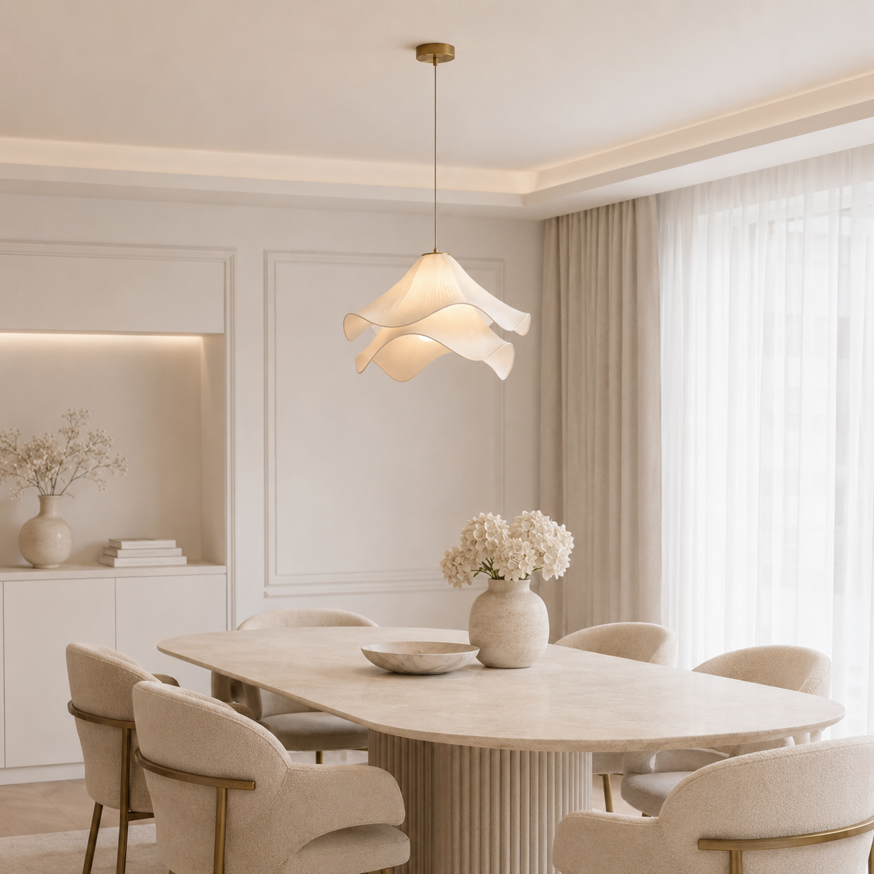 Casa Lumière Japandi Stof Hanglamp - Design Lamp met Golvende Lampenkap