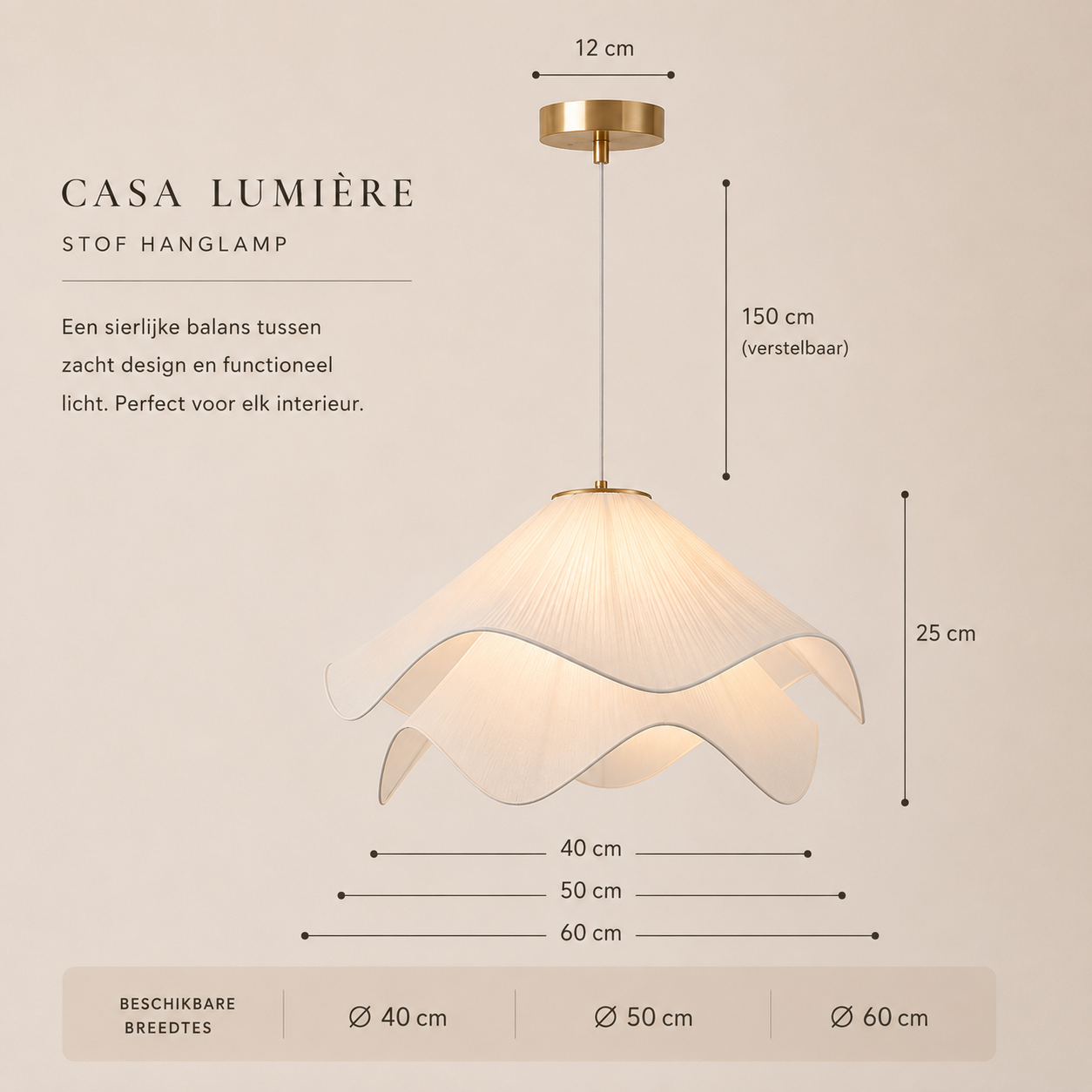 Casa Lumière Japandi Stof Hanglamp - Design Lamp met Golvende Lampenkap