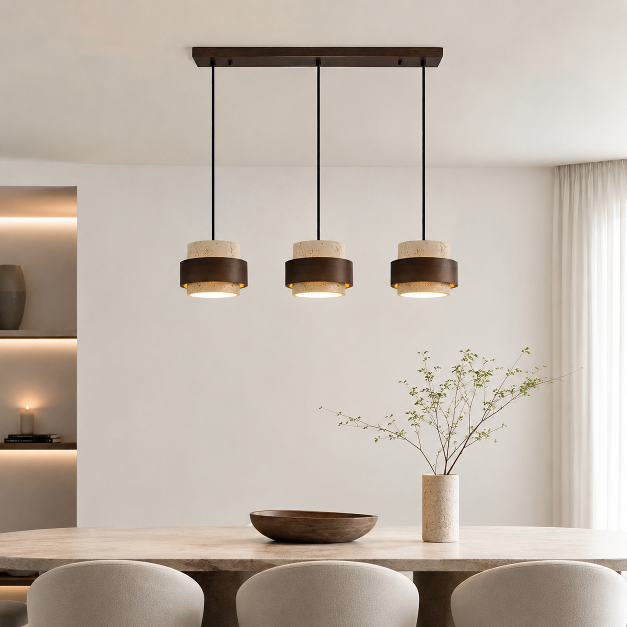 Casa Lumière Japandi Hanglamp - Travertine & Walnoot Hout Plafondverlichting