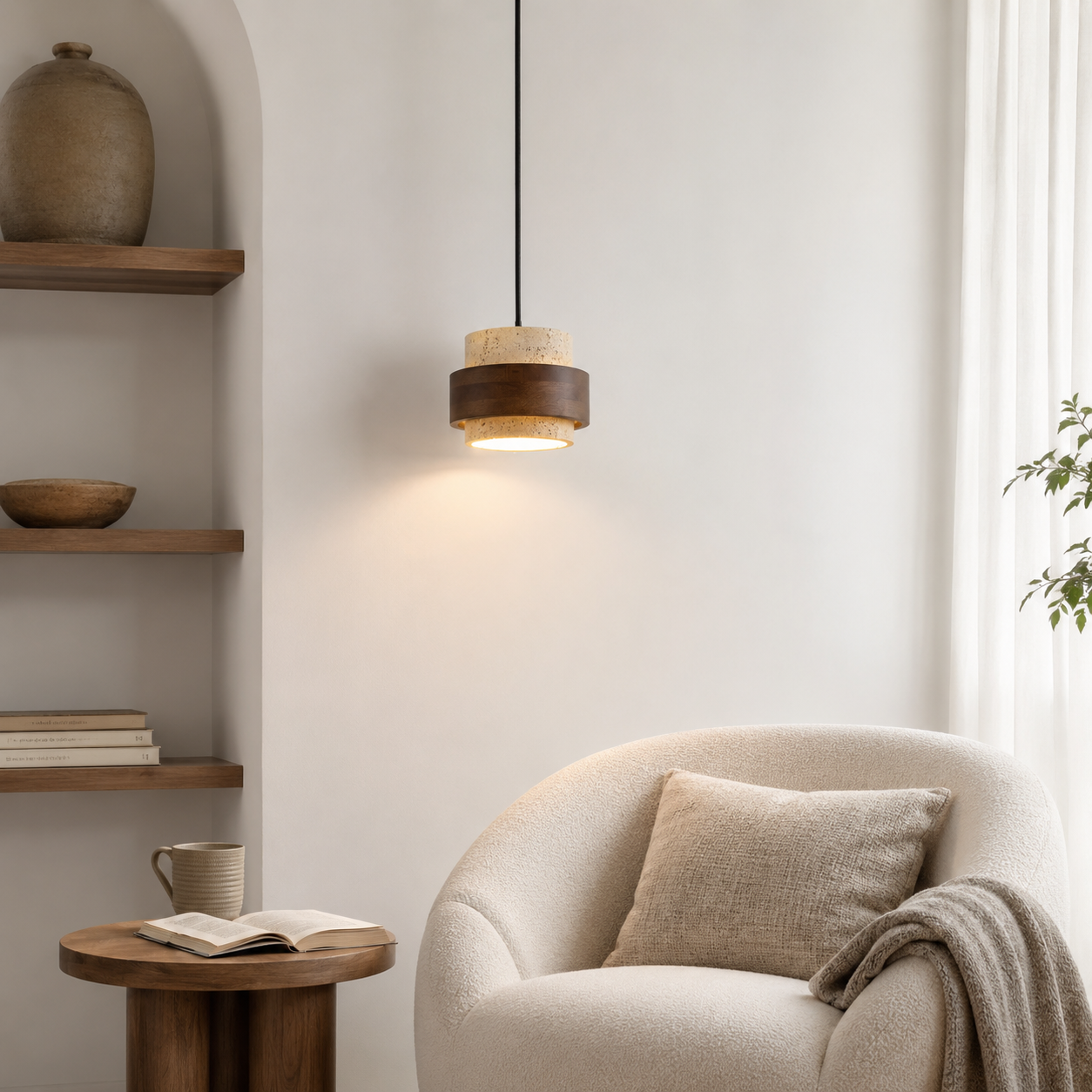 Casa Lumière Japandi Hanglamp - Travertine & Walnoot Hout Plafondverlichting