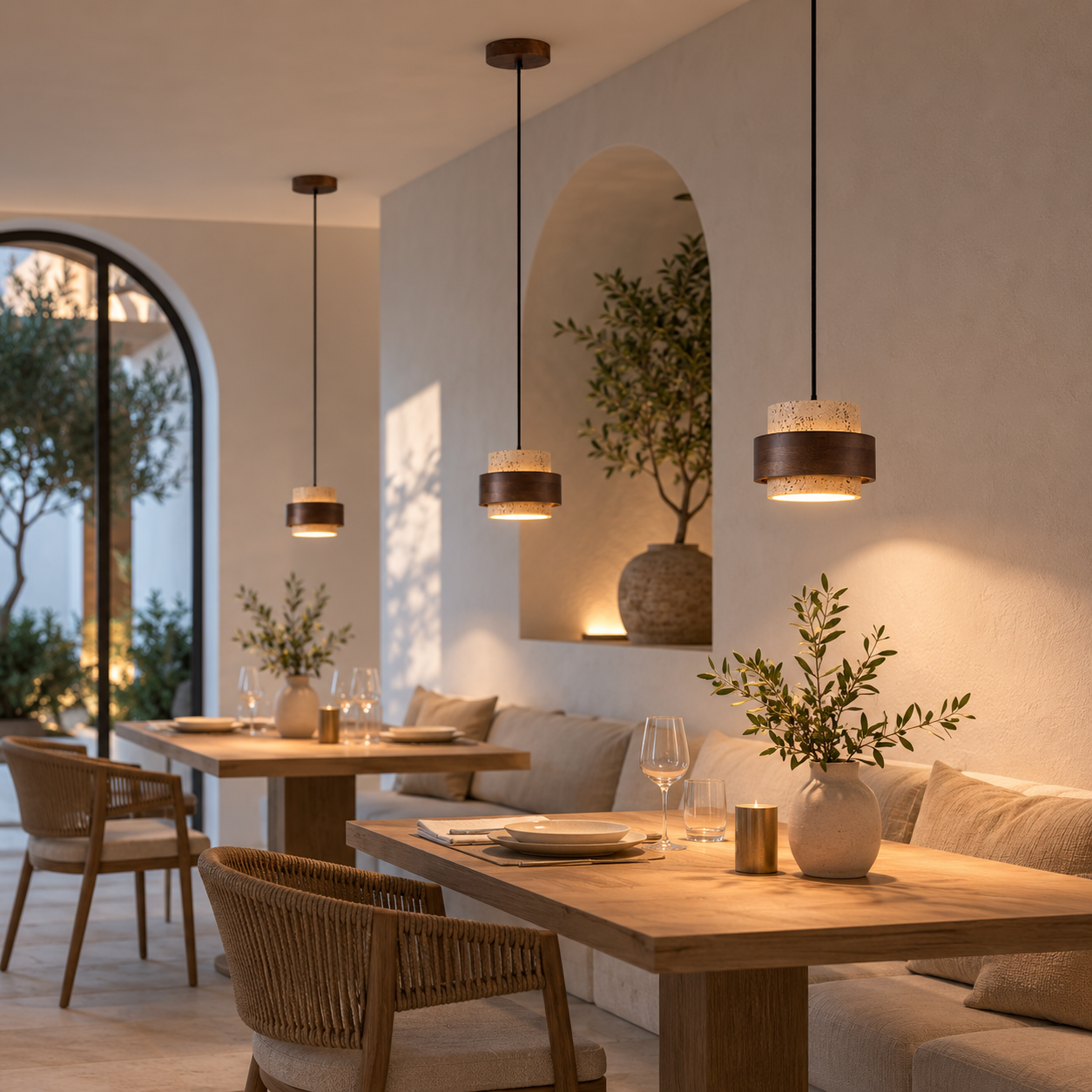 Casa Lumière Japandi Hanglamp - Travertine & Walnoot Hout Plafondverlichting
