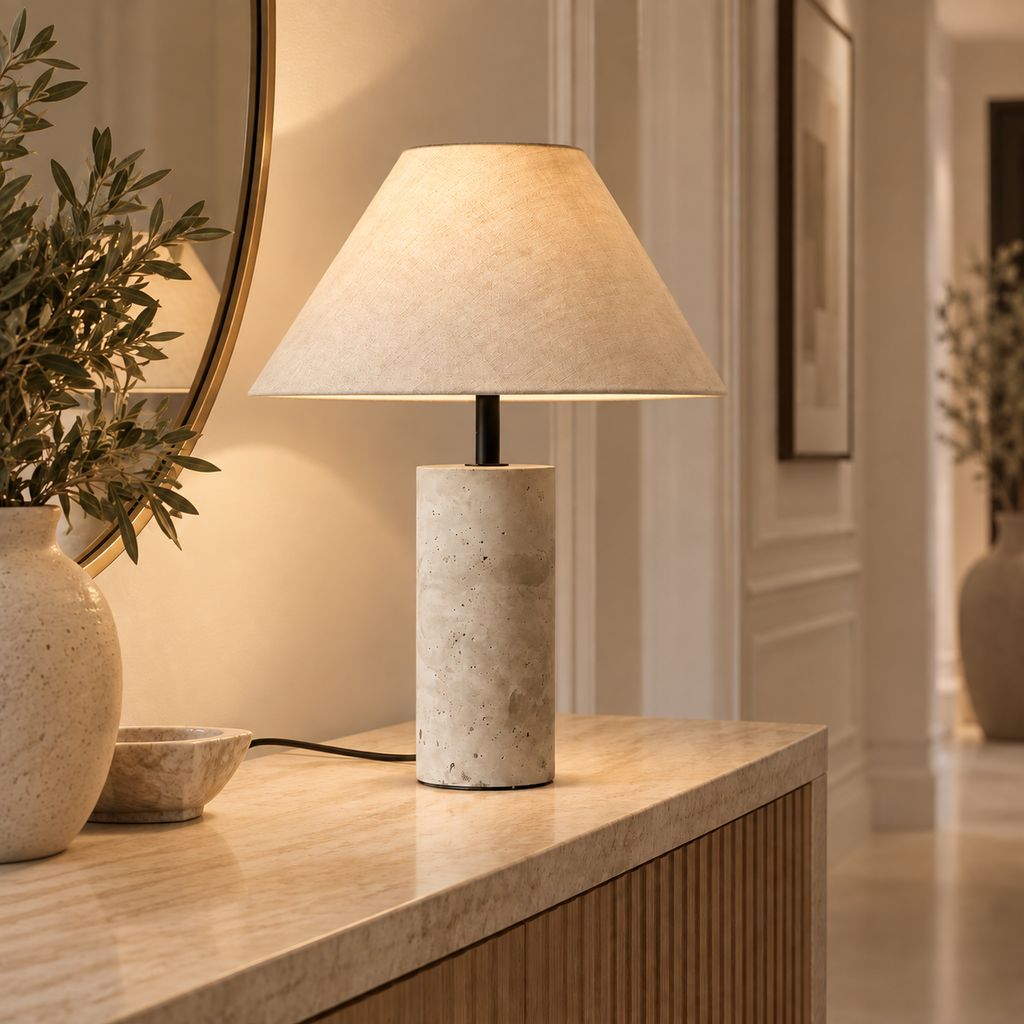 Casa Lumière Travertine Tafellamp met Linnen Kap