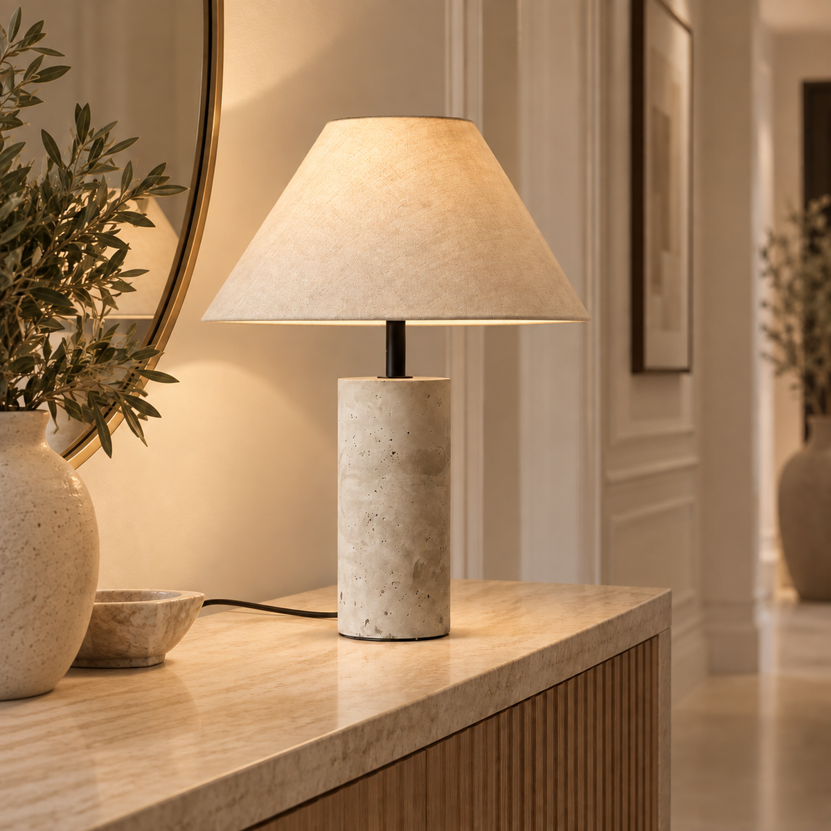 Casa Lumière Travertine Tafellamp met Linnen Kap
