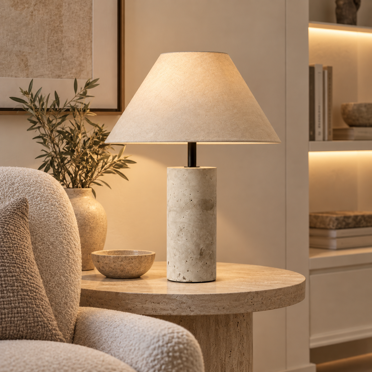 Casa Lumière Travertine Tafellamp met Linnen Kap