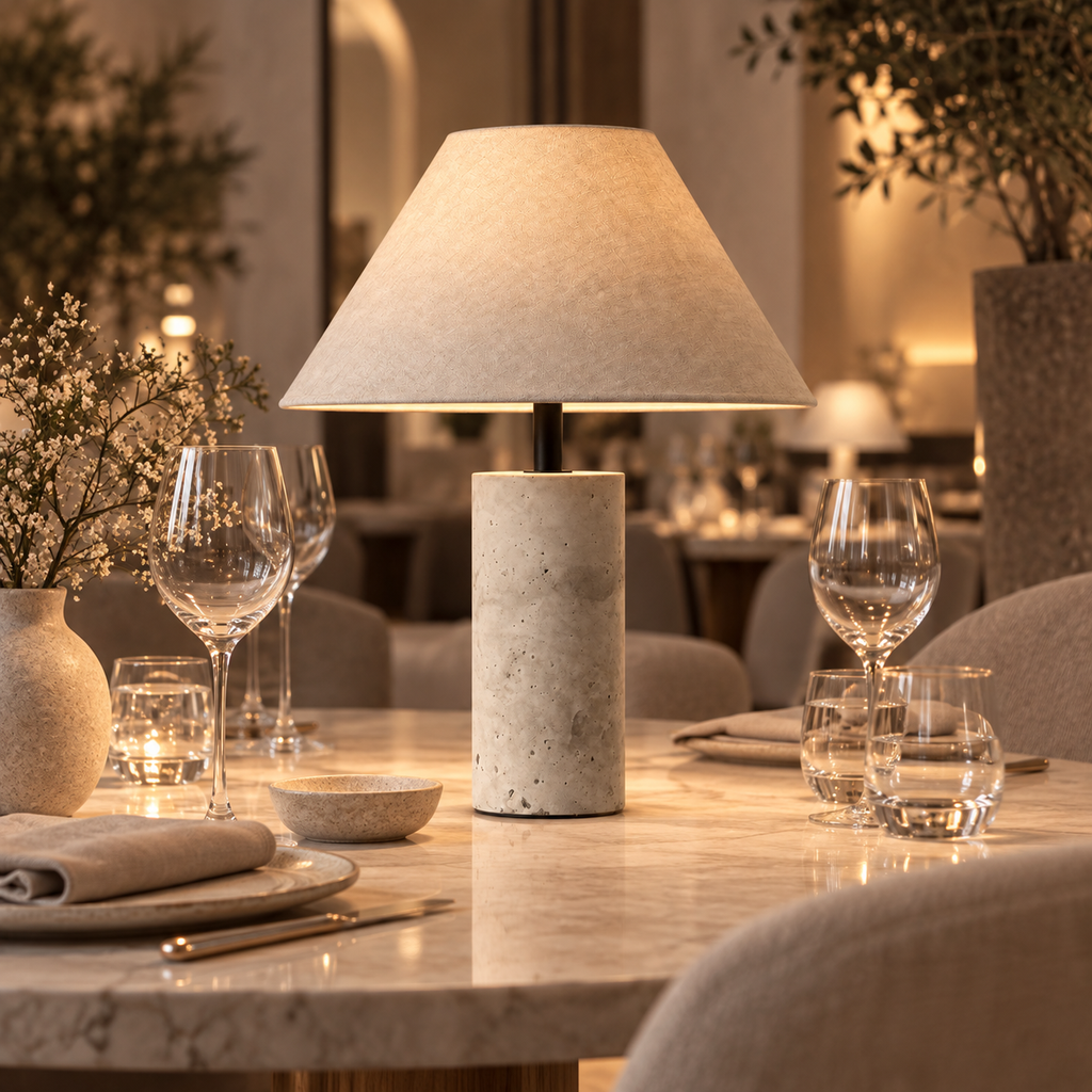 Casa Lumière Travertine Tafellamp met Linnen Kap