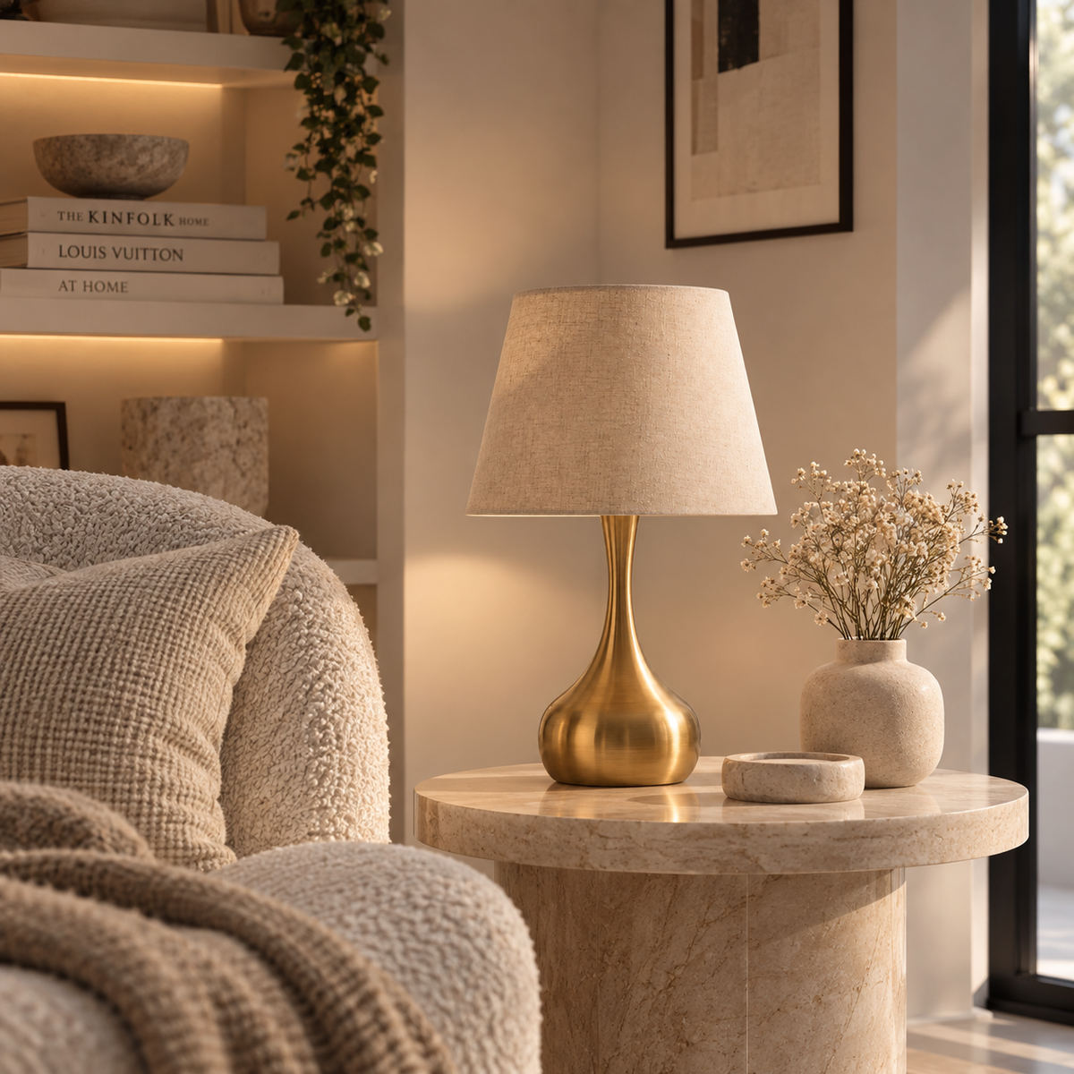 Casa Lumière Gouden Tafellamp - Druppelvorm voet & Linnen Kap