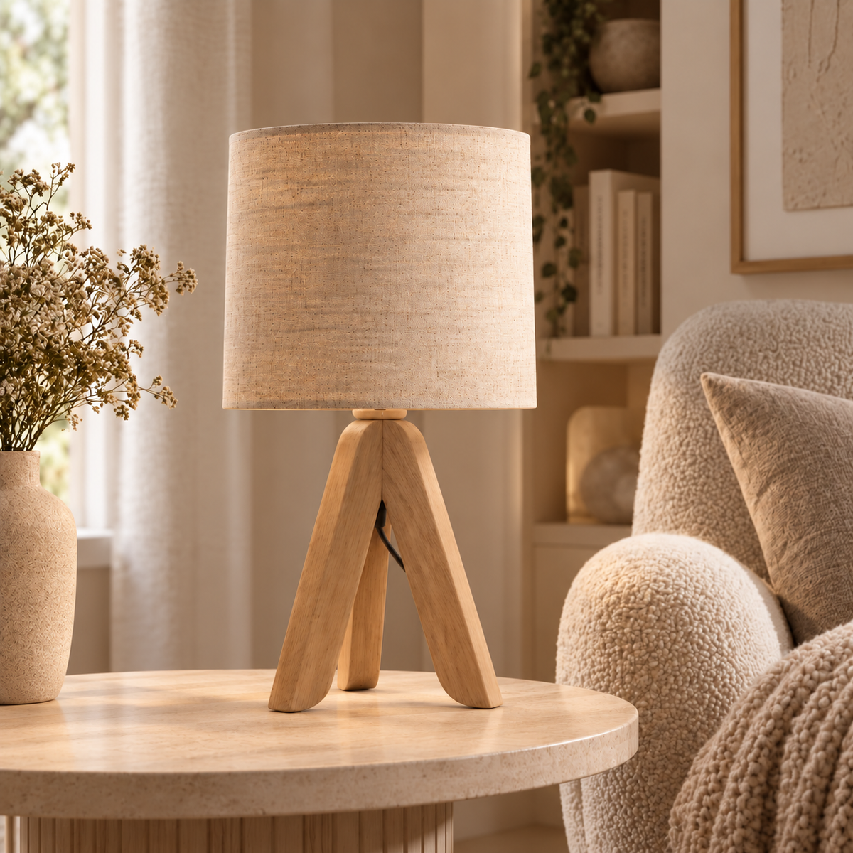 Casa Lumière Houten Tafellamp met Linnen Kap