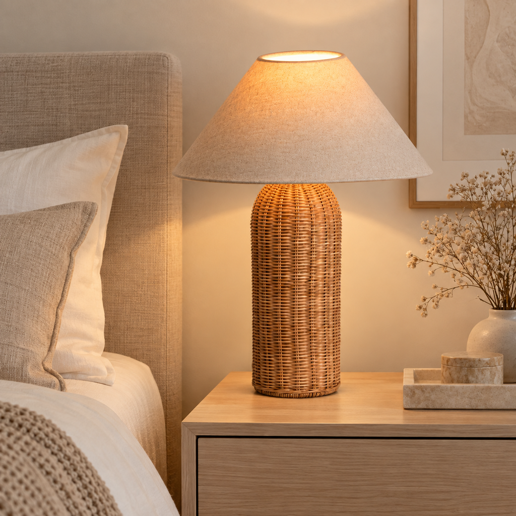 Casa Lumière Rattan Table Lamp - Fabric Shade with E14 Socket