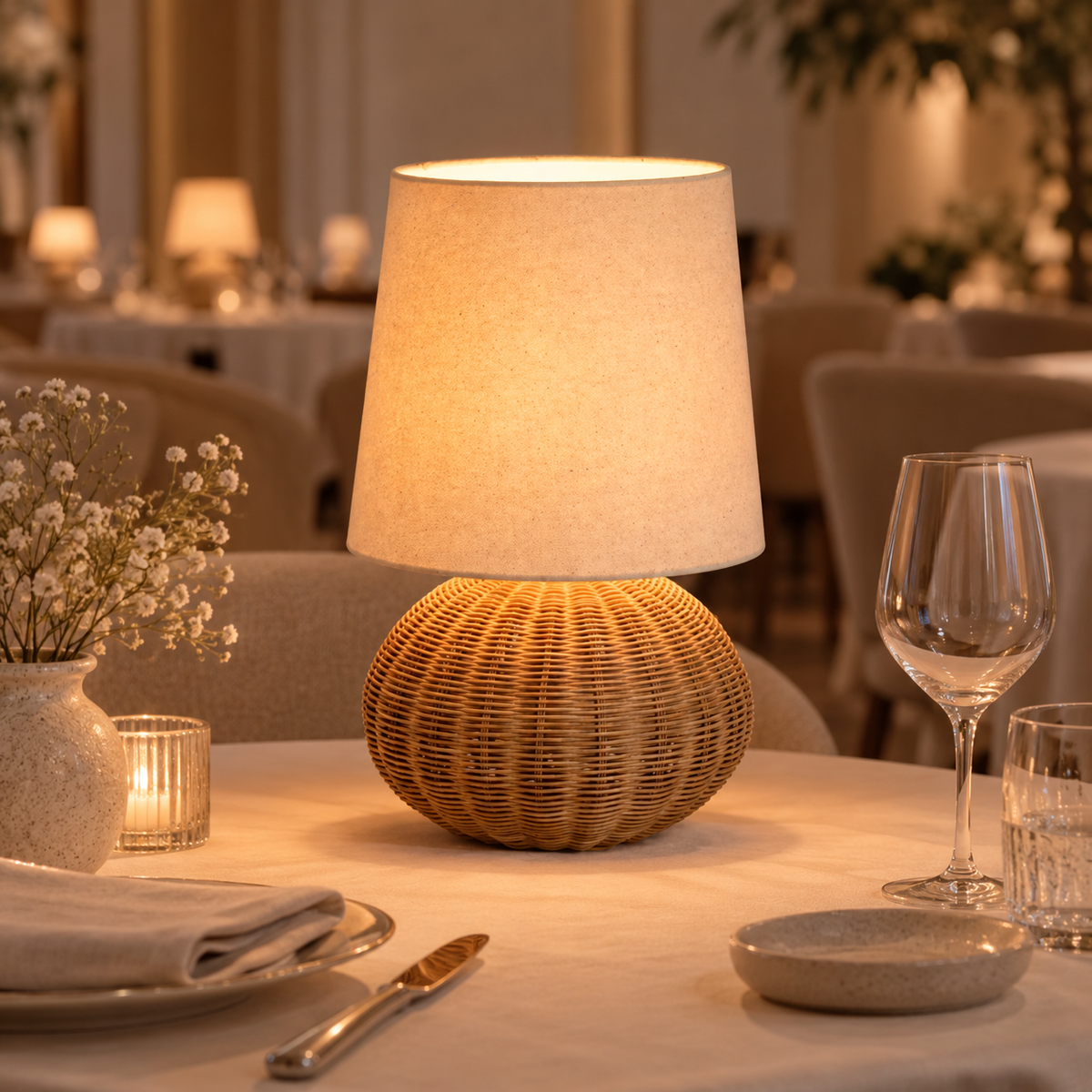 Casa Lumière Rotan Tafellamp - Stoffen Kap met E14 Fitting