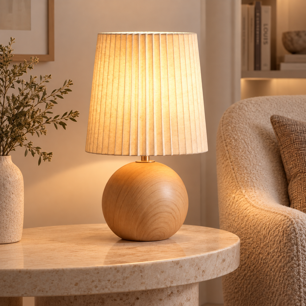 Casa Lumière Cordless Table Lamp - Ceramic with Wood & Pleated Fabric Shade