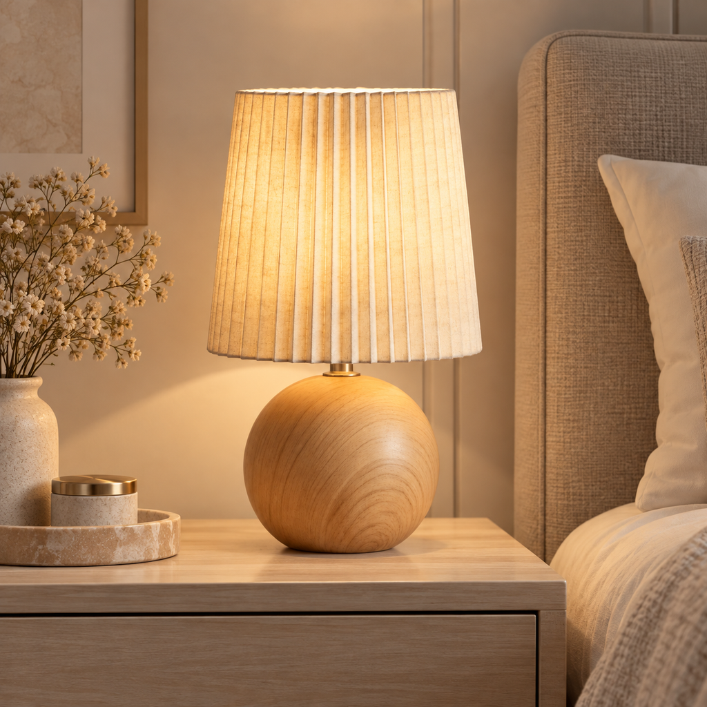 Casa Lumière Cordless Table Lamp - Ceramic with Wood & Pleated Fabric Shade