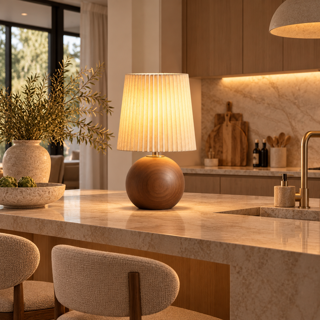 Casa Lumière Cordless Table Lamp - Ceramic with Wood & Pleated Fabric Shade