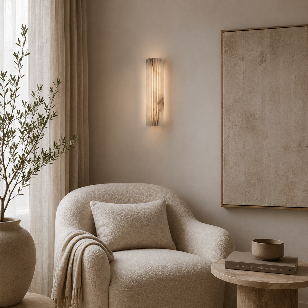 Casa Lumière Geribbelde Alabaster Wandlamp - Warme Natuursteen Wandverlichting