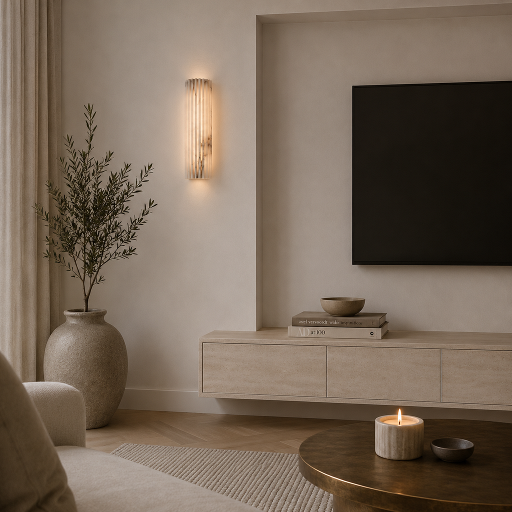 Casa Lumière Geribbelde Alabaster Wandlamp - Warme Natuursteen Wandverlichting