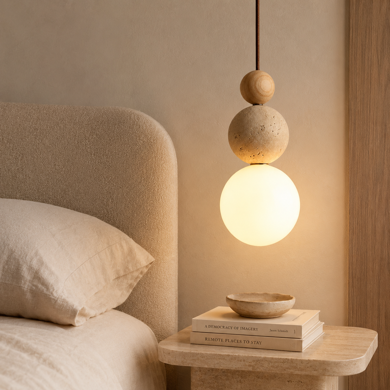 Casa Lumière Travertin Hanglamp van Hout en Glas - Sfeerverlichting Slaapkamer & Woonruimte