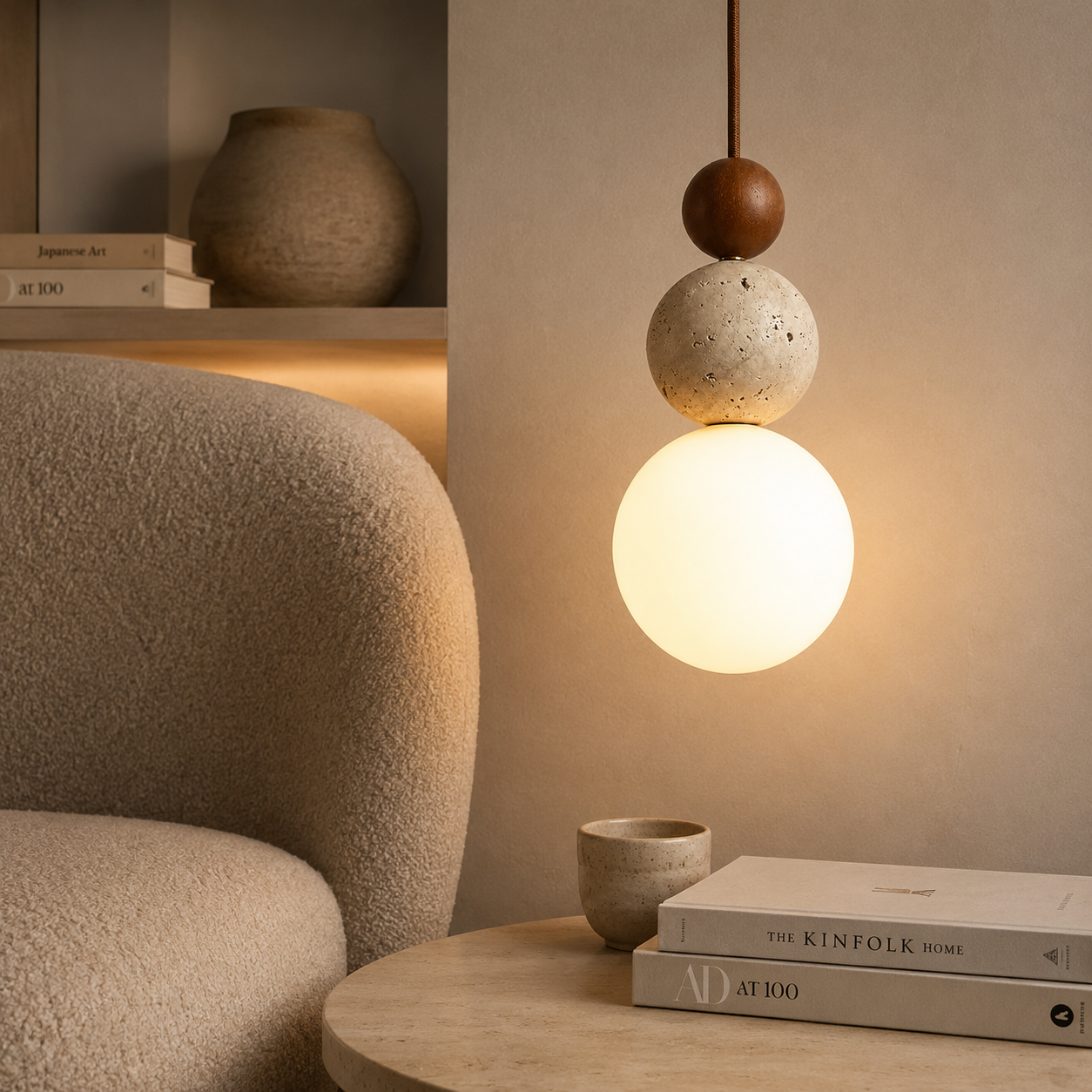 Casa Lumière Travertin Hanglamp van Hout en Glas - Sfeerverlichting Slaapkamer & Woonruimte