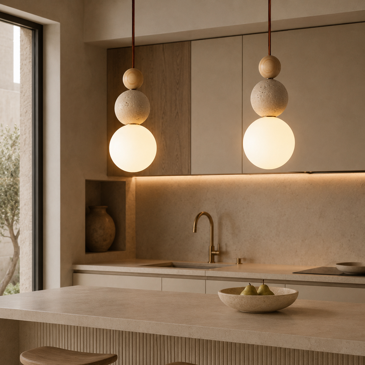 Casa Lumière Travertin Hanglamp van Hout en Glas - Sfeerverlichting Slaapkamer & Woonruimte
