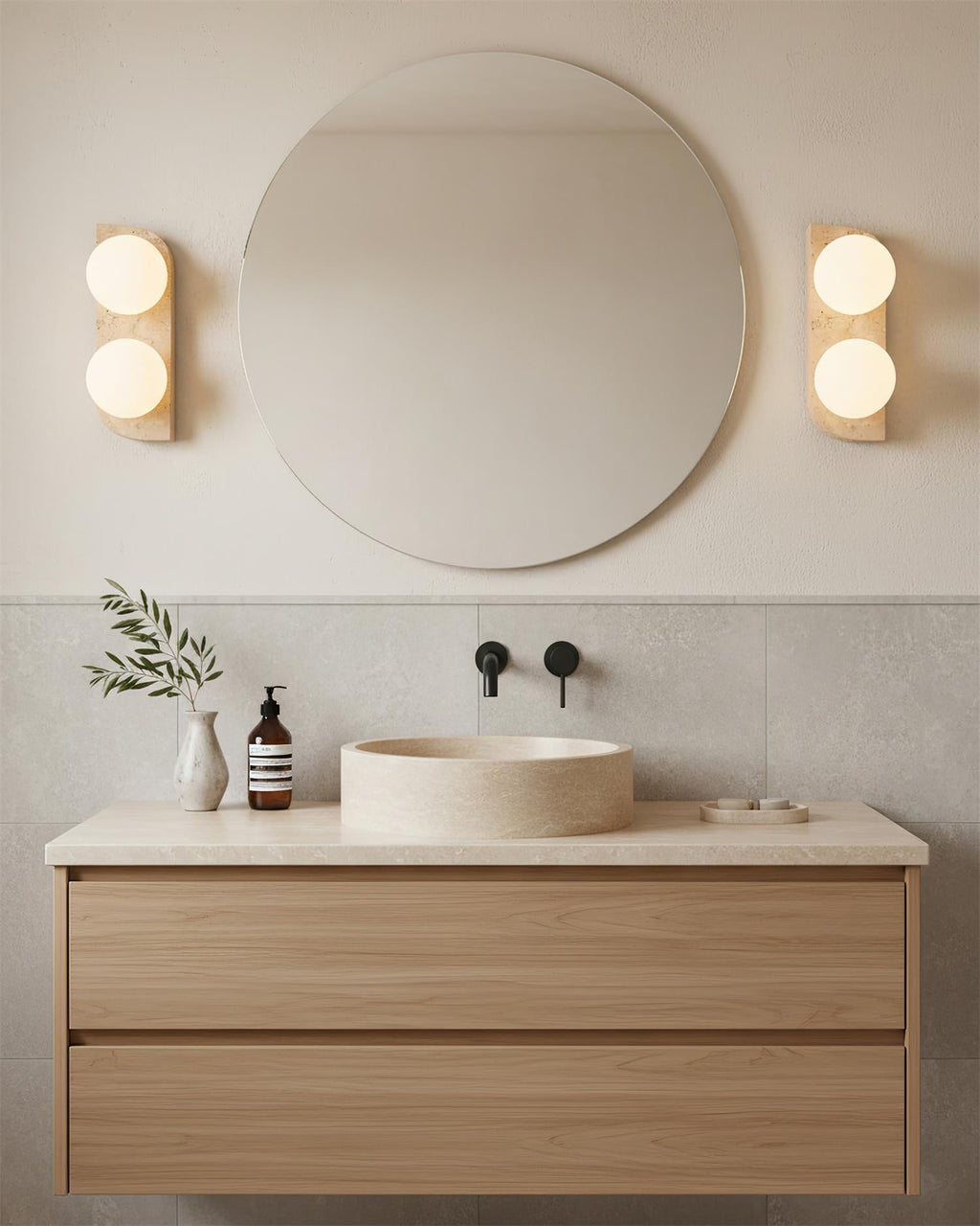 Casa Lumière Wandlamp Travertine Natuursteen - Ronde Design Lamp