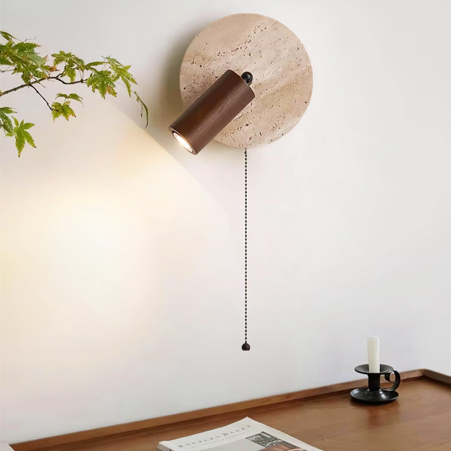 Casa Lumière Travertine Draaibare Wandlamp met Trekkoord – Natuursteen Design, Richtbaar Leeslicht & Tijdloos