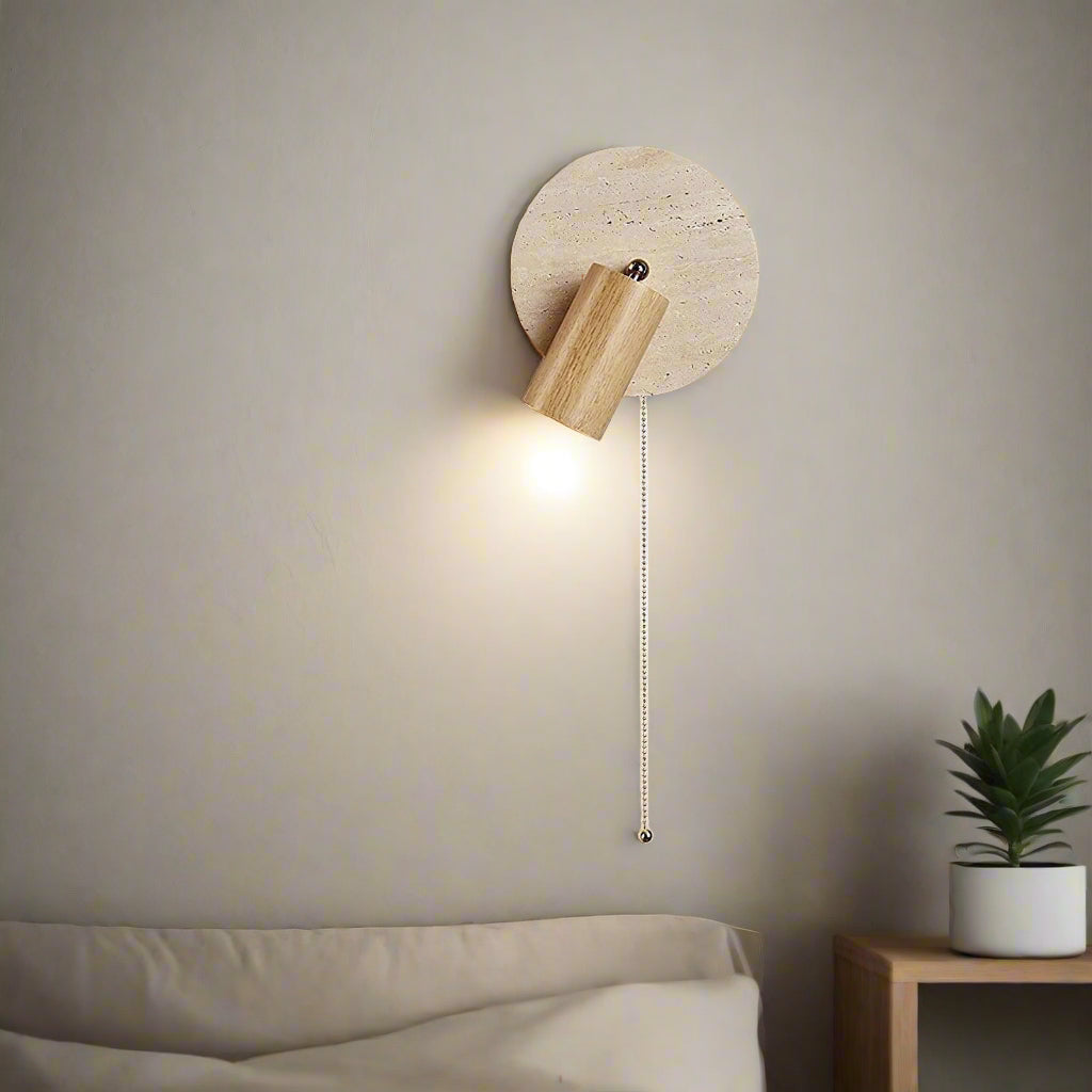 Casa Lumière Travertine Draaibare Wandlamp met Trekkoord – Natuursteen Design, Richtbaar Leeslicht & Tijdloos